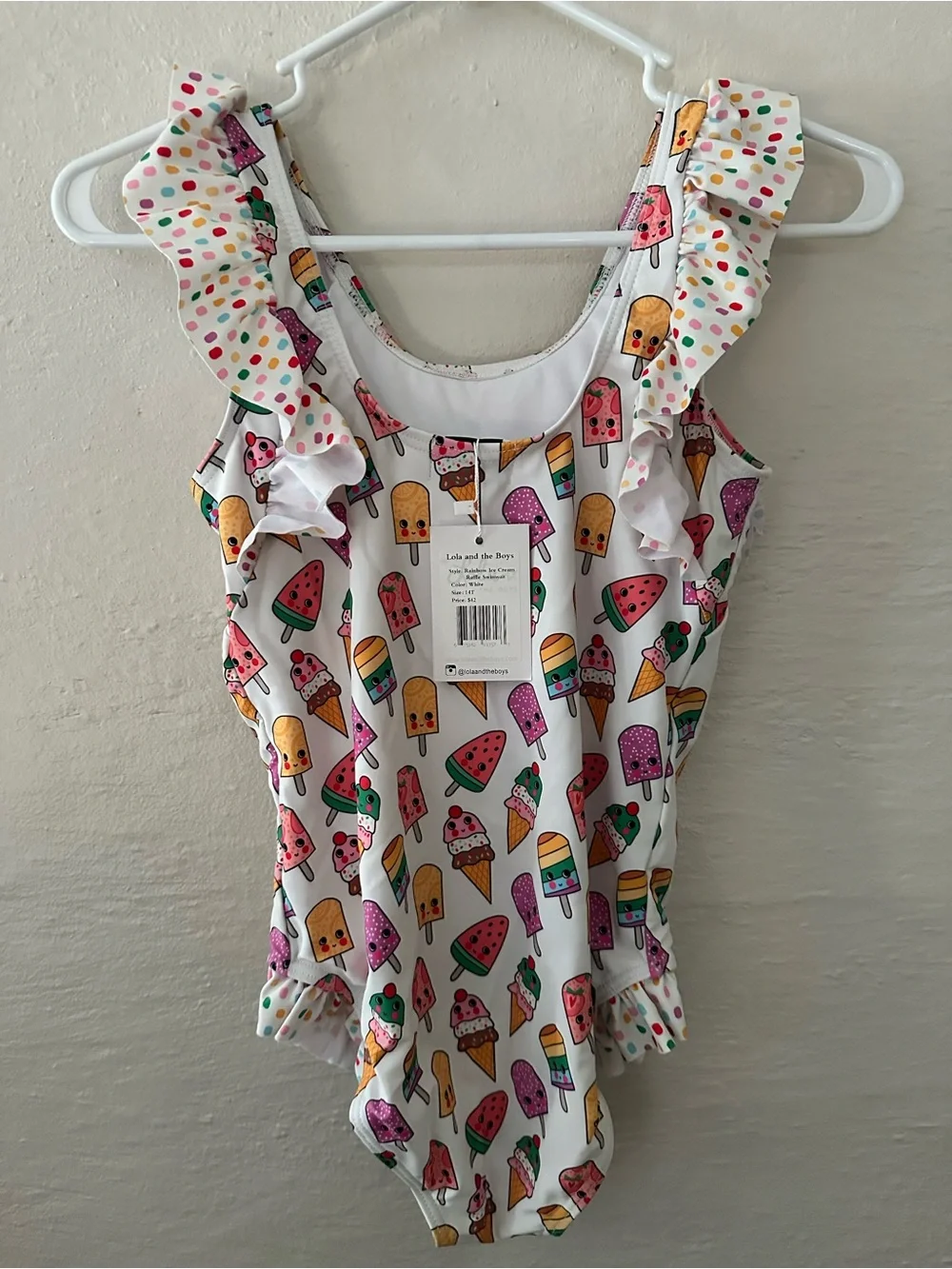 Lola + The Boys Girls White Ice Cream & Popsicle Ruffle One-Piece Swimsuit